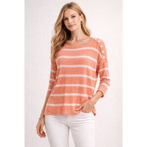 Lauren Ralph Lauren Coral Striped Linen Sweater Button Shoulder Women’s L